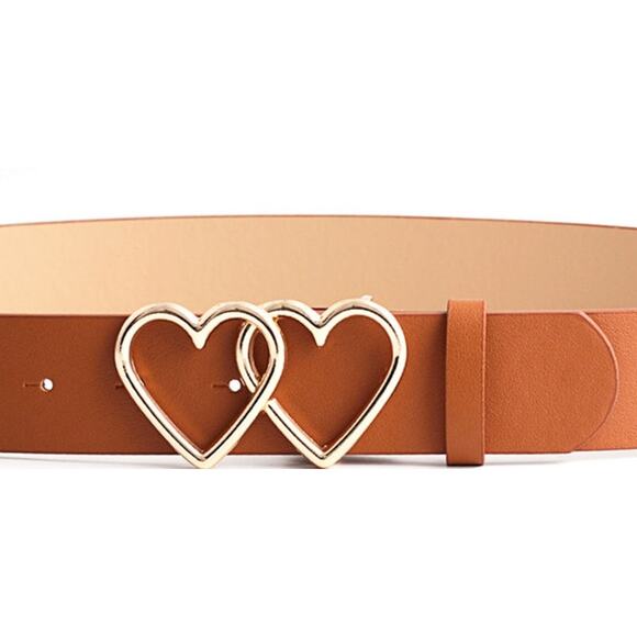Belt Vegan Leather Camel Tan NEW 27"-35" Gold Tone Double Heart Total 40" - Picture 7 of 9